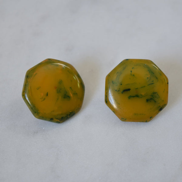 Green Octagon Earrings - Marbled Octagonal Bakelite Studs