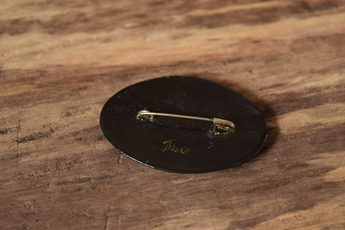 Oval Russian Peacock Brooch - Black Hand Painted Lacquer Pin