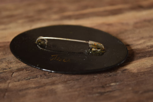 Oval Russian Peacock Brooch - Black Hand Painted Lacquer Pin