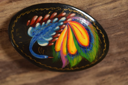 Oval Russian Peacock Brooch - Black Hand Painted Lacquer Pin
