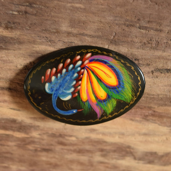 Oval Russian Peacock Brooch - Black Hand Painted Lacquer Pin