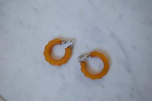 Scalloped Yellow Bakelite Hoop Clip On Earrings