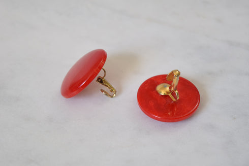 Round Red Marbled Bakelite Clip On Earrings