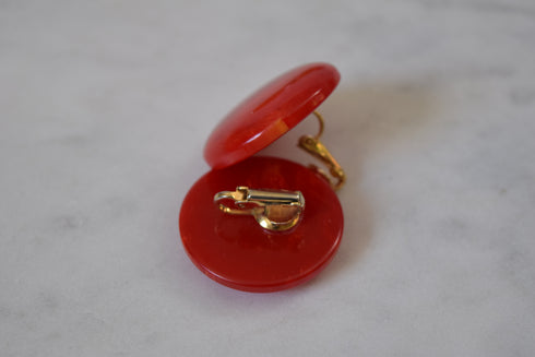 Round Red Marbled Bakelite Clip On Earrings