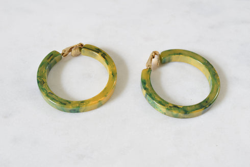 Green Bakelite Hoop Clip Earrings  - Blue and Yellow