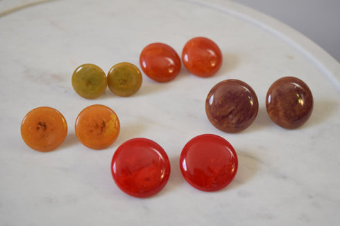 Orange Bakelite Earrings - Round Marbled Clips