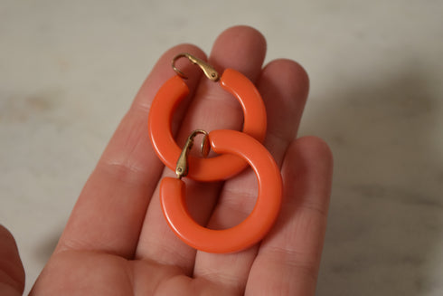Pink Bakelite Hoop Clip Earrings  - Coral Pink