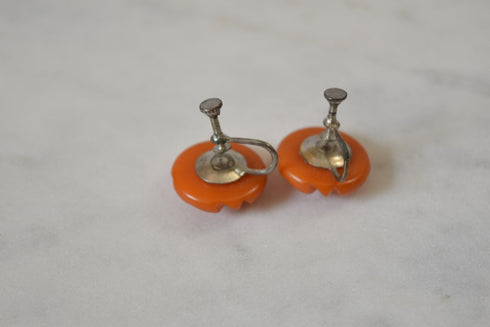 Carved Bakelite Screw Back Earrings - Dark Butterscotch