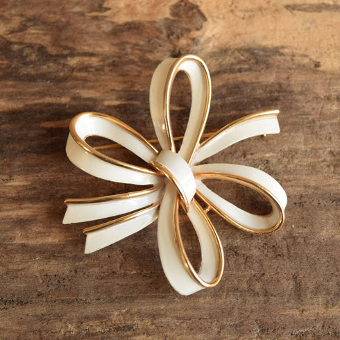 Trifari Gold and White Bow Brooch
