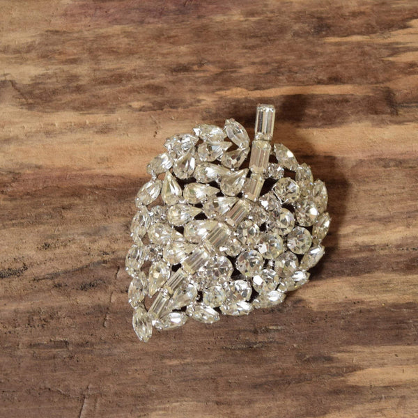 Large Rhinestone Leaf Brooch - White Rhinestone Pin - Vintage Wedding Brooch
