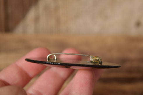 Oval Russian Peacock Brooch - Black Hand Painted Lacquer Pin