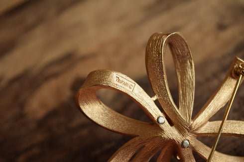 White & Golden Bow Brooch - Vintage Crown Trifari