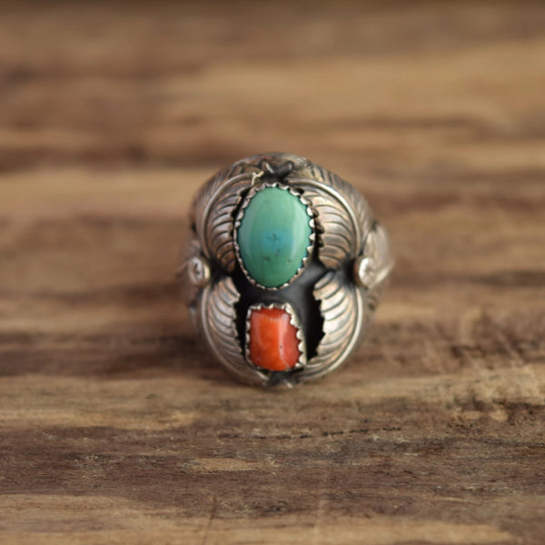 Sally Yazzi Navajo Turquoise and Coral Ring in Sterling Silver Size 9