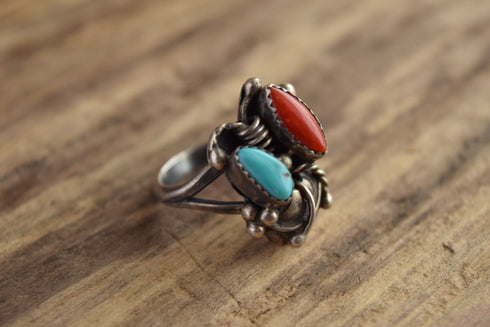 Size 9 Turquoise and Coral Native American Ring