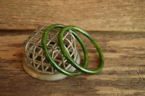 Green Marbled Bakelite Bracelet Set - Pair of Swirled spacer Bangles