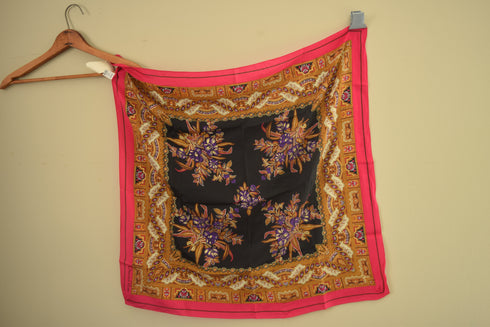 Purple Floral Square Silk Scarf Gold Paint by Oscar de la Renta - NEW OLD STOCK