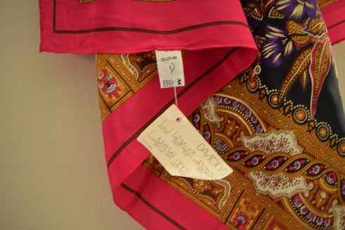 Purple Floral Square Silk Scarf Gold Paint by Oscar de la Renta - NEW OLD STOCK