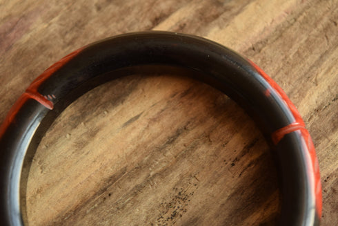 Black Overdyed Red Carved Bakelite Bangle Bracelet