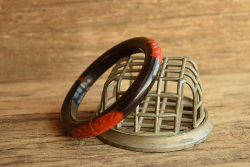 Black Overdyed Red Carved Bakelite Bangle Bracelet