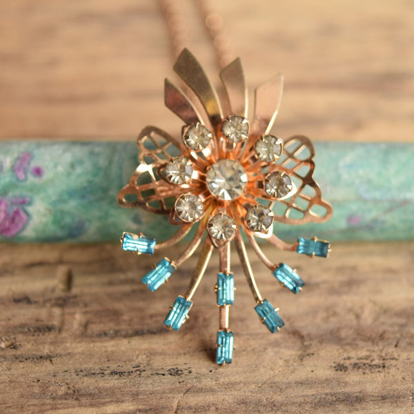 Blue and White Rhinestone Necklace and Brooch
