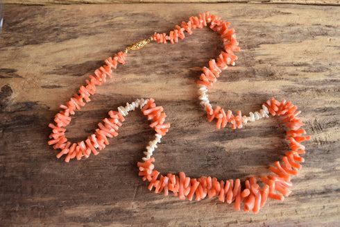 Pink Coral Branch and Baroque Pearl Necklace