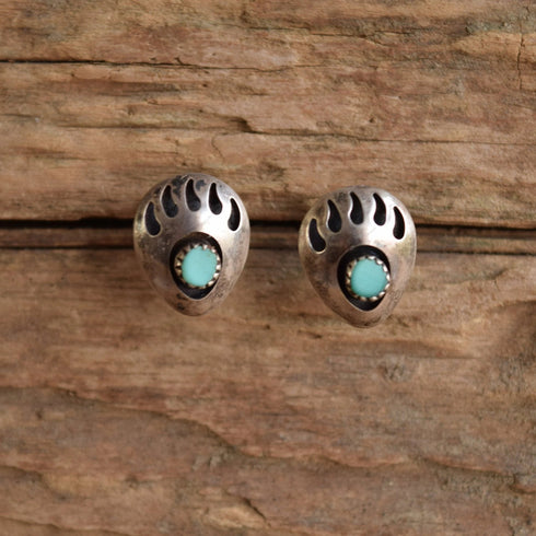 Small Bear Paw Shadow Box Earrings - Turquoise & Silver