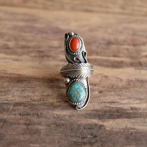 Size 6 Turquoise and Coral Long Ring Signed