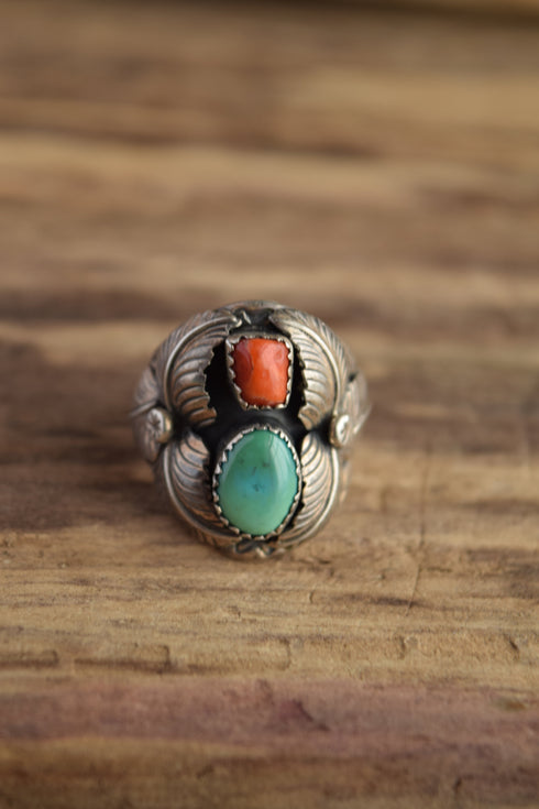 Size 9 Turquoise and Coral Navajo Ring