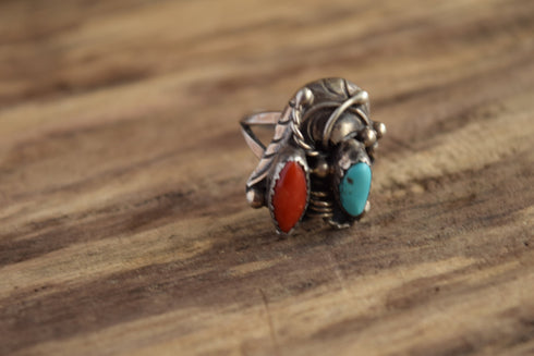 Size 9 Turquoise and Coral Native American Ring