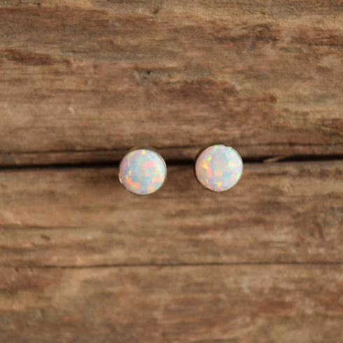 Simple Round Opal Stone Studs in Silver
