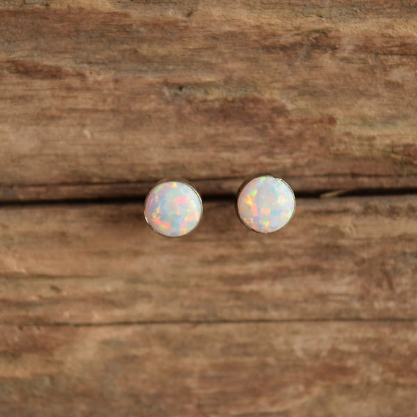 Simple Round Opal Stone Studs in Silver