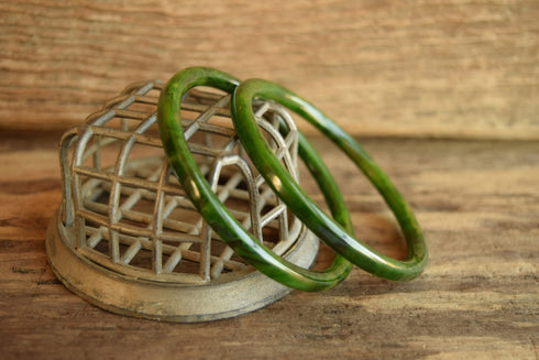 Green Marbled Bakelite Bracelet Set - Pair of Swirled spacer Bangles