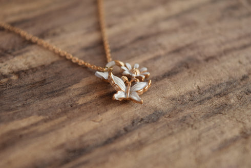 Butterfly Flower Necklace White and Gold Toned