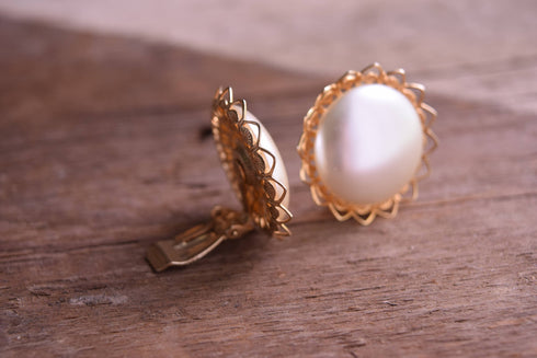 Round Pearly Golden Clip On Earrings