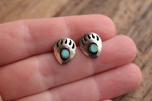 Small Bear Paw Shadow Box Earrings - Turquoise & Silver
