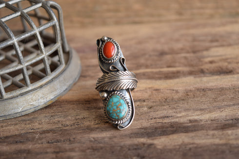 Size 6 Turquoise and Coral Long Ring Signed