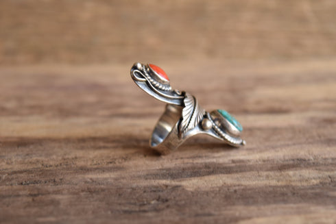 Size 6 Turquoise and Coral Long Ring Signed