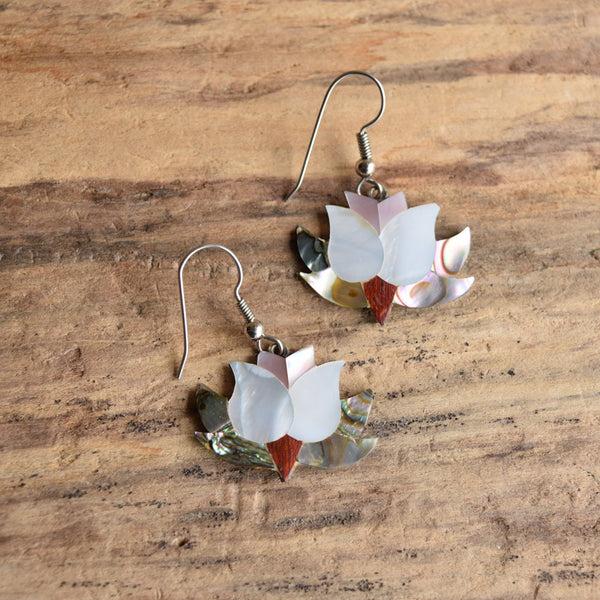 Lotus flower inlay dangle earrings vintage