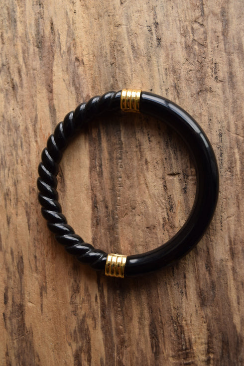 Black Spiral Bangle with Gold Toned Accents - Trifari