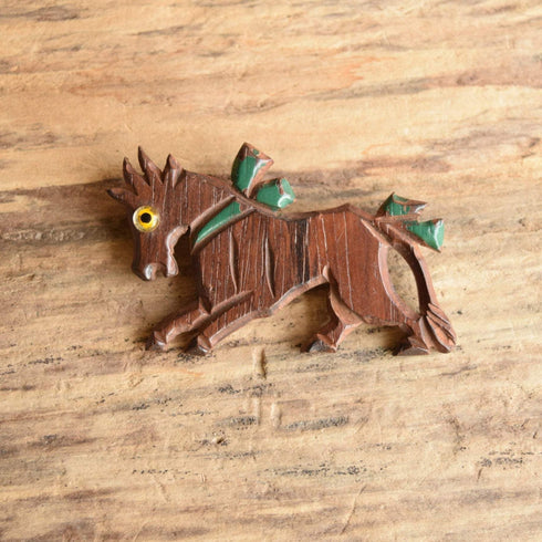Carved Wooden Vintage Horse Brooch