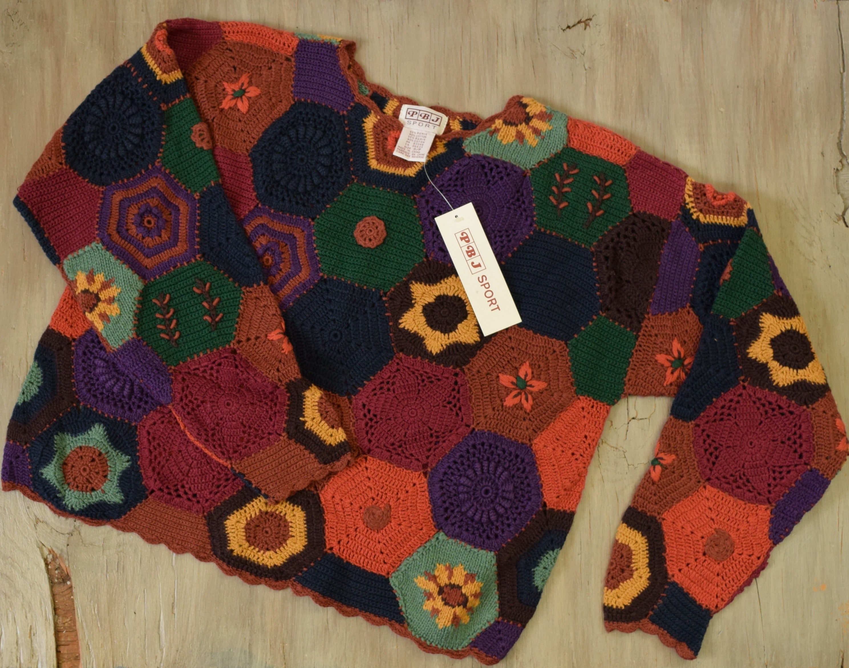 Vintage Granny Square Hex Patchwork Crochet Sweater Small